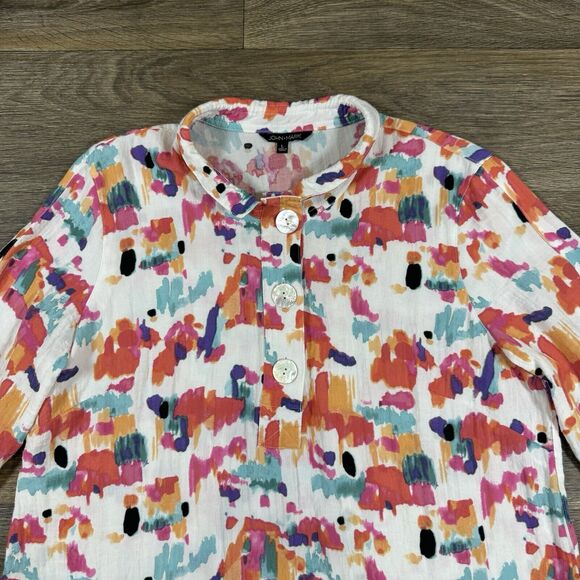 John Mark Abstract Floral Button Down Top Stand Wire Collar Tied 3/4 Sleeve Sz L - Picture 2 of 11